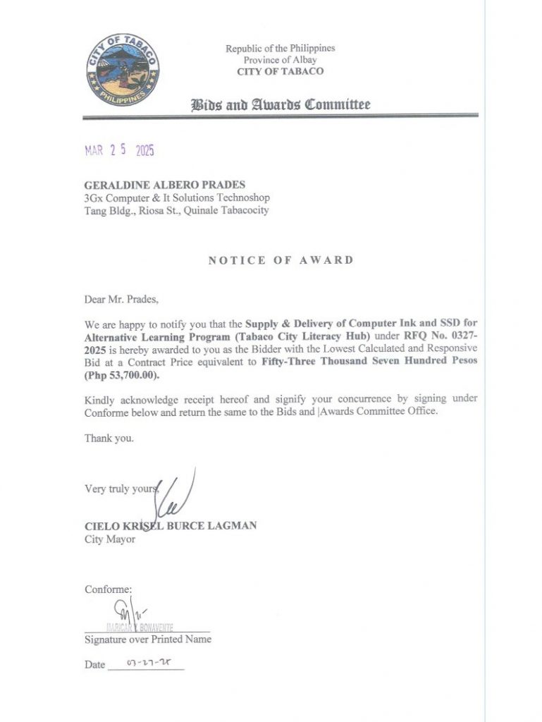Notice of Award: Supply & Delivery of Computer Ink & SSD for Alternative Learning Program (Tabaco City Literacy Hub), PR No. 25-03-0359