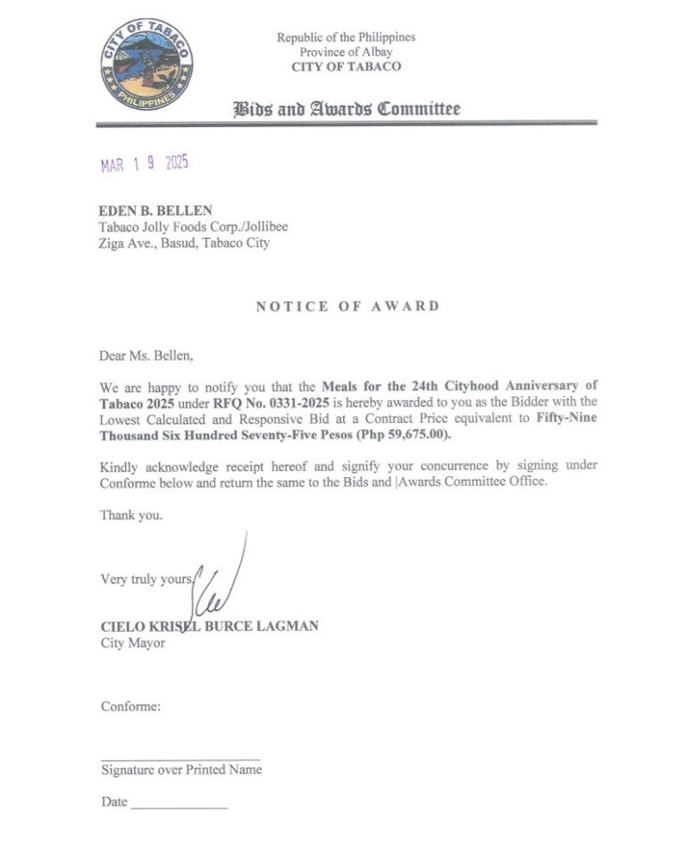 Notice of Award: Meals for the 24th Cityhood Anniversary of Tabaco 2025, PR No. 25-03-0363