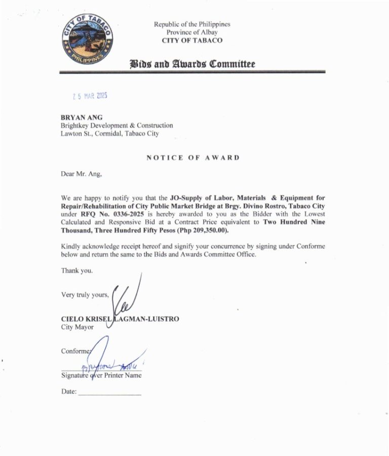 Notice of Award: JO-Supply of Labor, Materials & Equipment for Repair/Rehabilitation of City Public Market Bridge at Brgy. Divino Rostro, Tabaco City, PR No. 25-03-0368