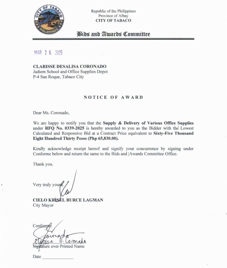 Notice of Award: Supply & Delivery of Various Office Supplies, PR No. 25-03-0371