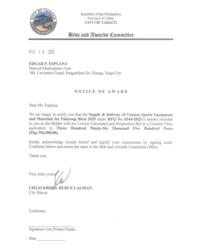 Notice of Award: Supply & Delivery of Various Sports Equipment & Materials for Palarong Bicol 2025, PR No. 25-03-0378