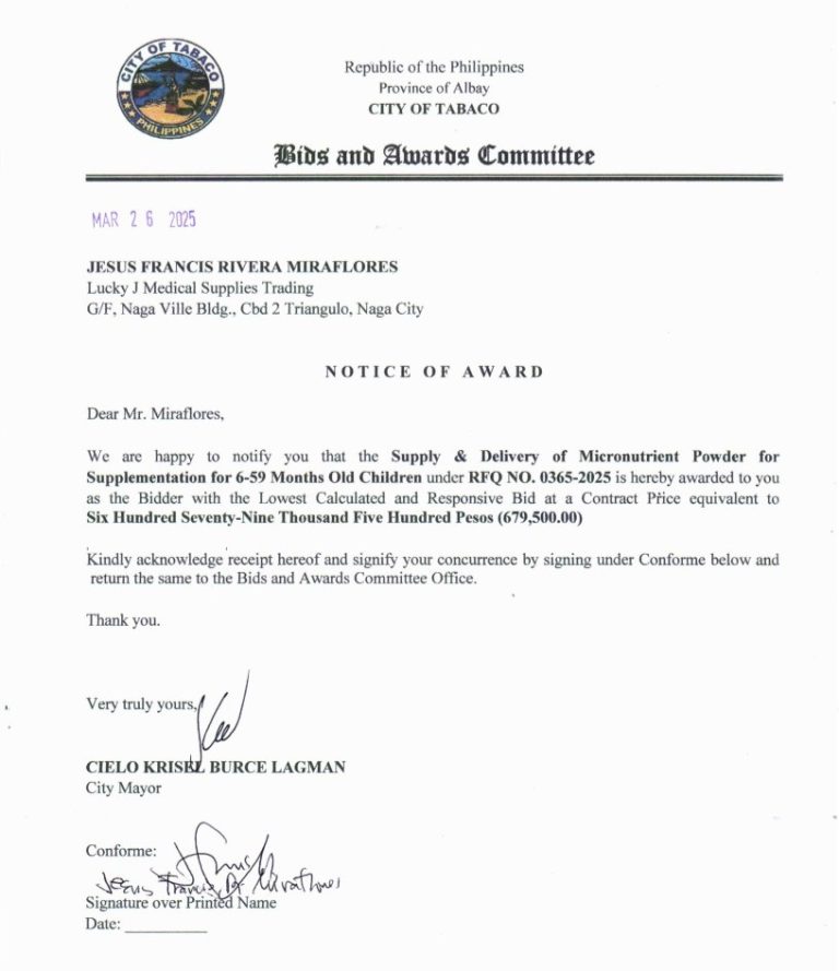 Notice of Award: Supply & Delivery of Micronutrient Powder for Supplementation for 6-59 Months Old Children, PR No. 25-03-0381