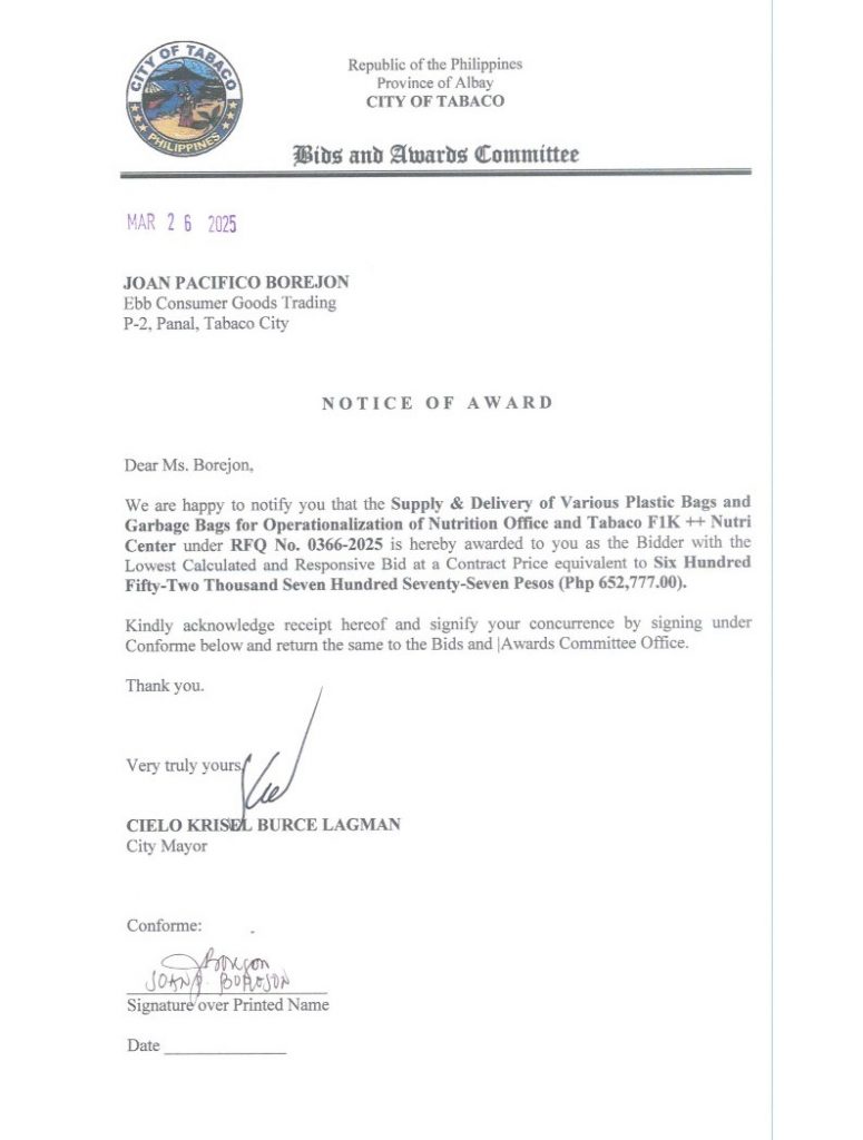 Notice of Award: Supply & Delivery of Various Plastic Bags and Garbage Bags for Operationalization of Nutrition Office and Tabaco F1K ++ Nutri Center, PR No. 25-03-0382
