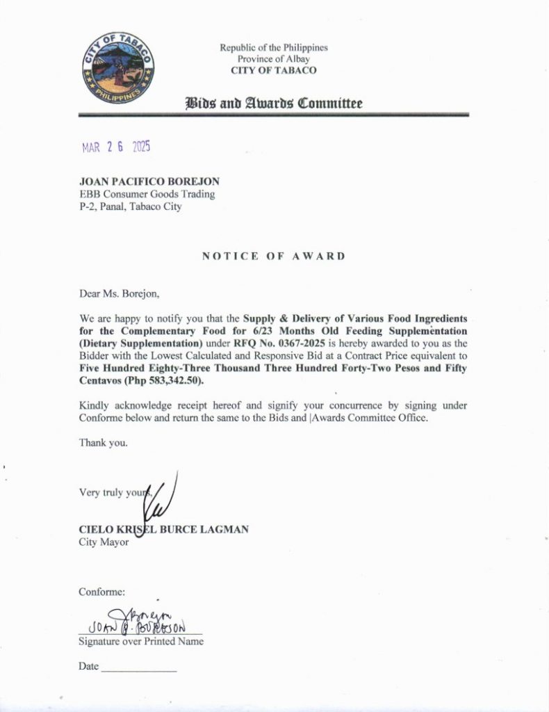 Notice of Award: Supply & Delivery of Various Food Ingredients for the Complementary Food for 6/23 Months Old Feeding Supplementation (Dietary Supplementation), PR No. 25-03-0385