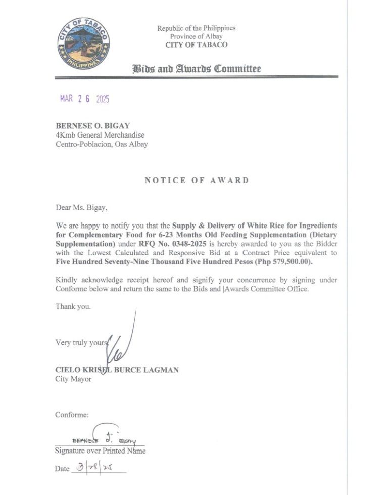 Notice of Award: Supply & Delivery of White Rice for Ingredients for Complementary Food for 6-23 Months Old Feeding Supplementation (Dietary Supplementation), PR No. 25-03-0387