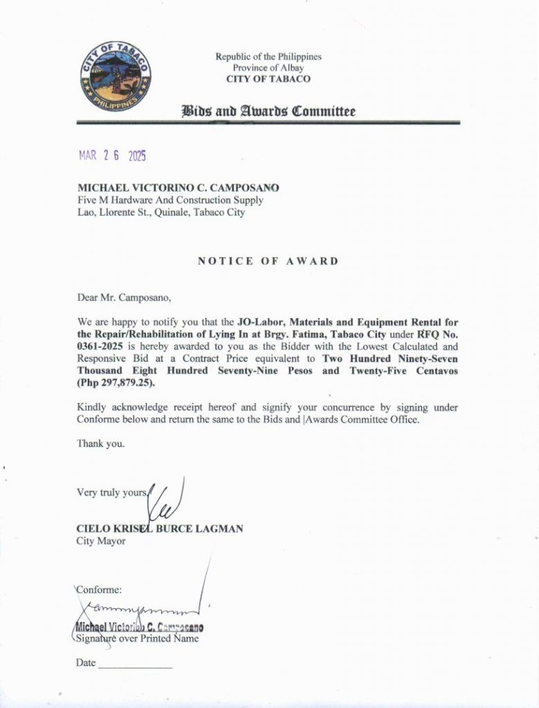 Notice of Award: JO-Labor, Materials & Equipment Rental for the Repair/Rehabilitation of Lying In at Brgy. Fatima, Tabaco City, PR No. 25-03-0401