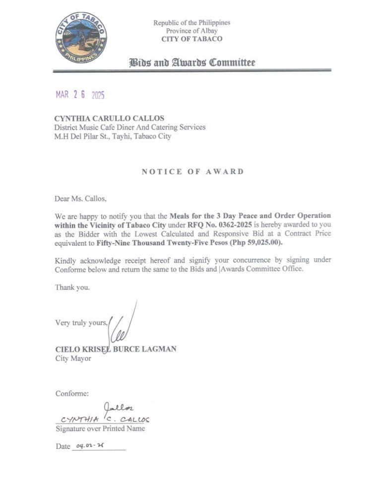 Notice of Award: Meals for the 3 Day Peace & Order Operation within the Vicinity of Tabaco City, PR No. 25-03-0402