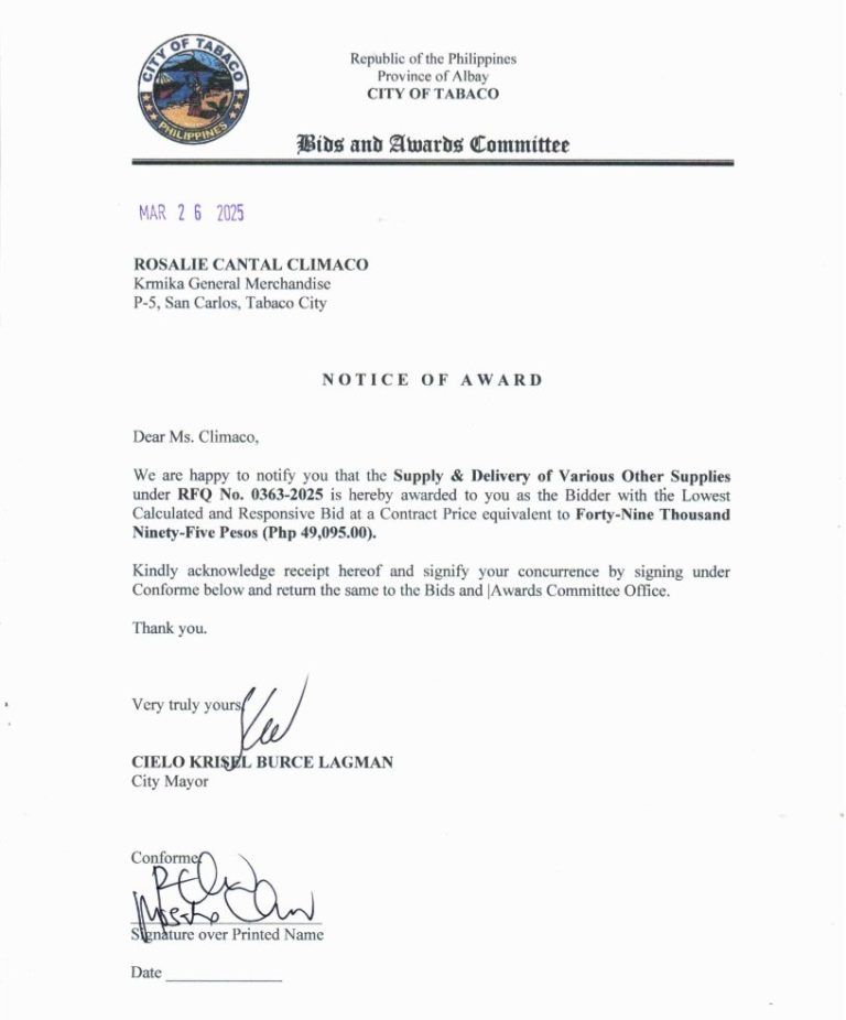 Notice of Award: Supply & Delivery of Various Other Supplies, PR No. 25-03-0403