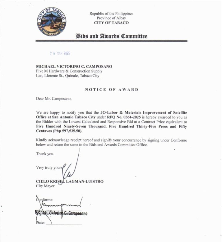 Notice of Award: JO-Labor & Materials Improvement of Satellite Office at San Antonio Tabaco City, PR No. 25-03-0404