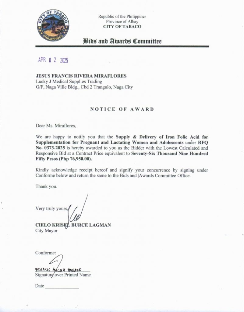 Notice of Award: Supply & Delivery of Iron Folic Acid for Supplementation for Pregnant & Lactating Women & Adolescents, PR No. 25-03-0411