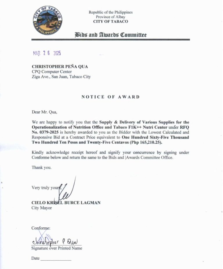 Notice of Award: Supply & Delivery of Various Supplies for the Operationalization of Nutrition Office & Tabaco F1K++ Nutri Center, PR No. 25-03-0418