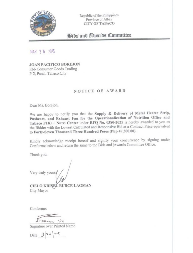 Notice of Award: Supply & Delivery of Metal Heater Strip, Pushcart, Exhaust Fan for the Operationalization of Nutrition Office & Tabaco F1K++ Nutri Center, PR No. 25-03-0419