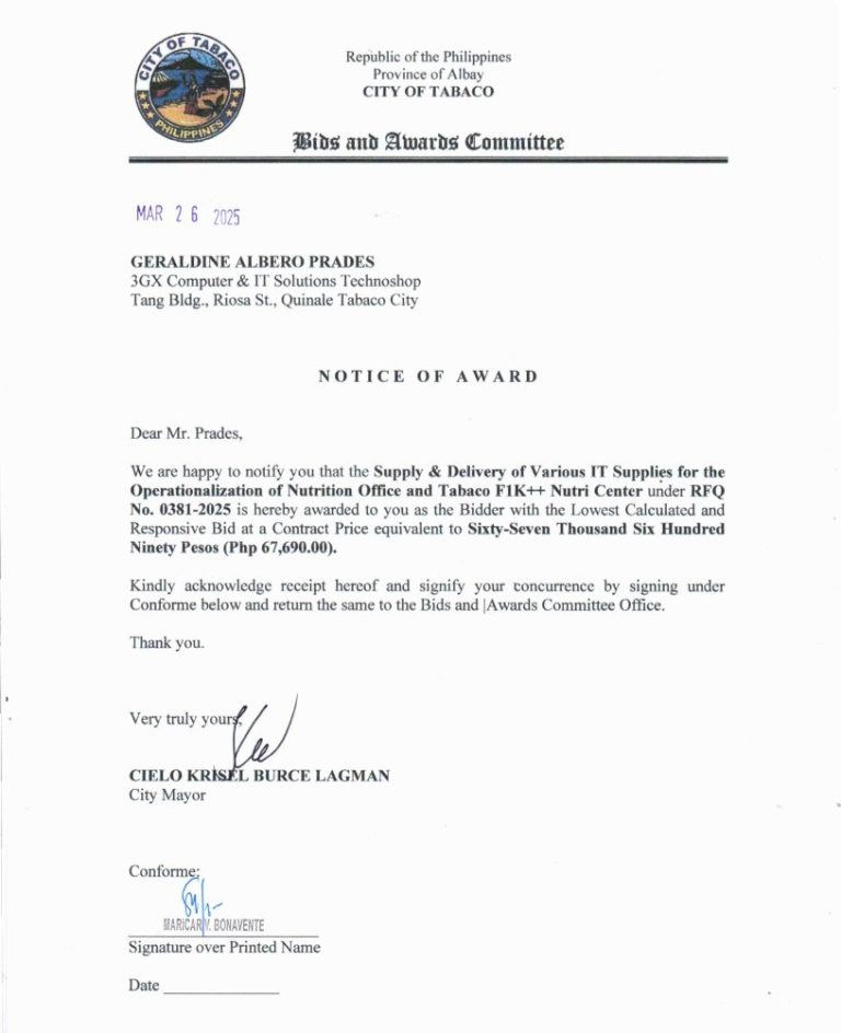 Notice of Award: Supply & Delivery of Various IT Supplies for the Operationalization of Nutrition Office & Tabaco FK++ Nutri Center, PR No. 25-03-0420