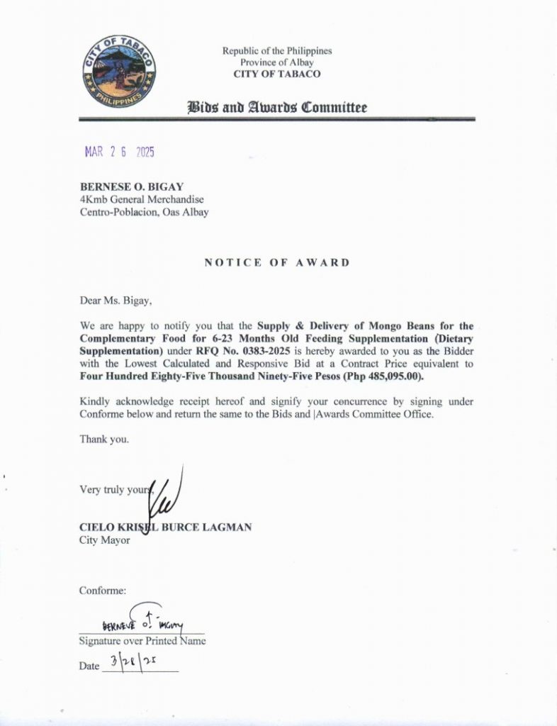 Notice of Award: Supply & Delivery of Mongo Beans for the Complementary Food for 6-23 Months Old Feeding Supplementation (Dietary Supplementation), PR No. 25-03-0422