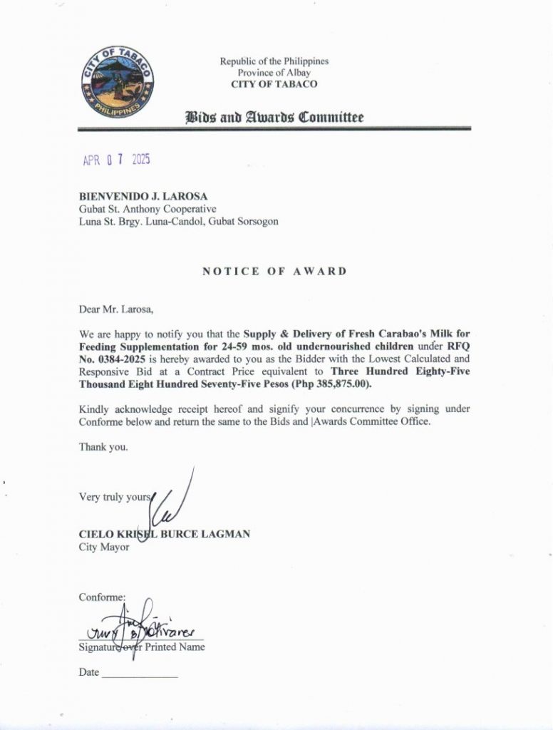Notice of Award: Supply & Delivery of Fresh Carabao’s Milk for Feeding Supplementation for 24-59 mos. old undernourished children, PR No. 25-03-0423