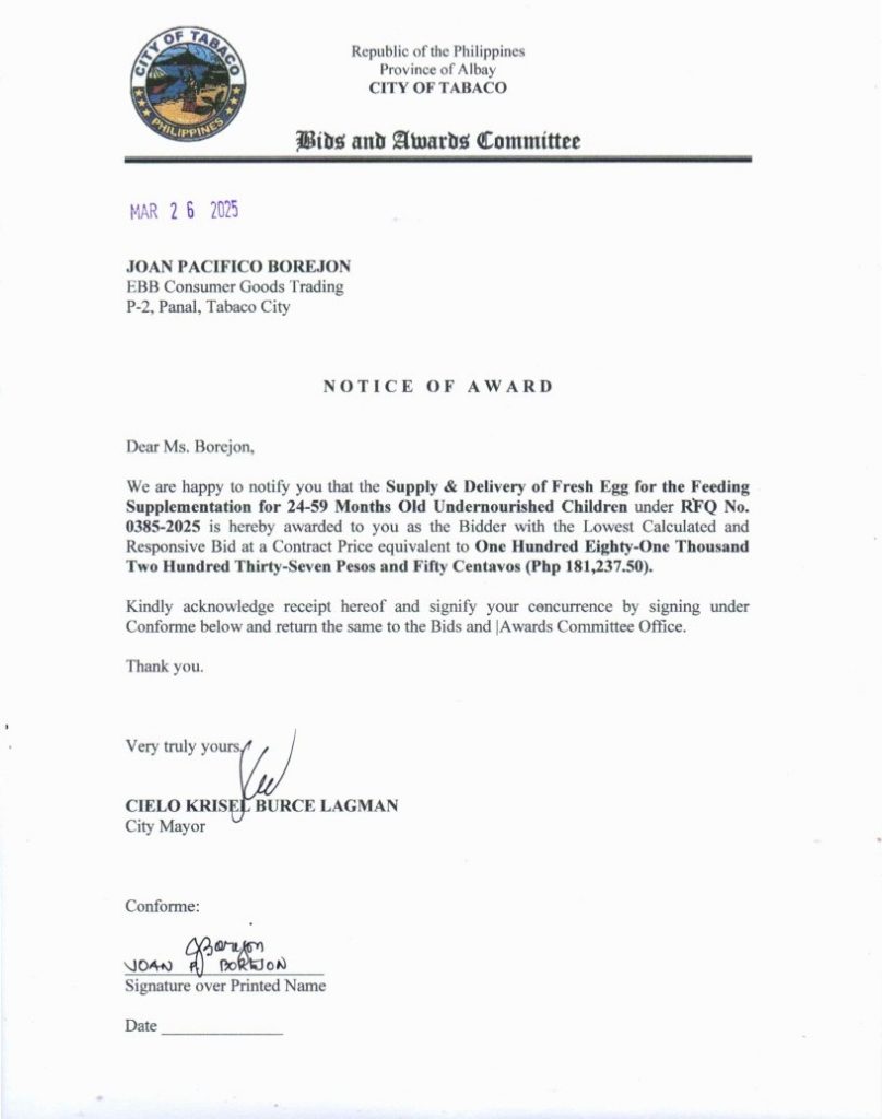 Notice of Award: Supply & Delivery of Fresh Egg for the Feeding Supplementation for 24-59 Months Old Undernourished Children, PR No. 25-03-0424