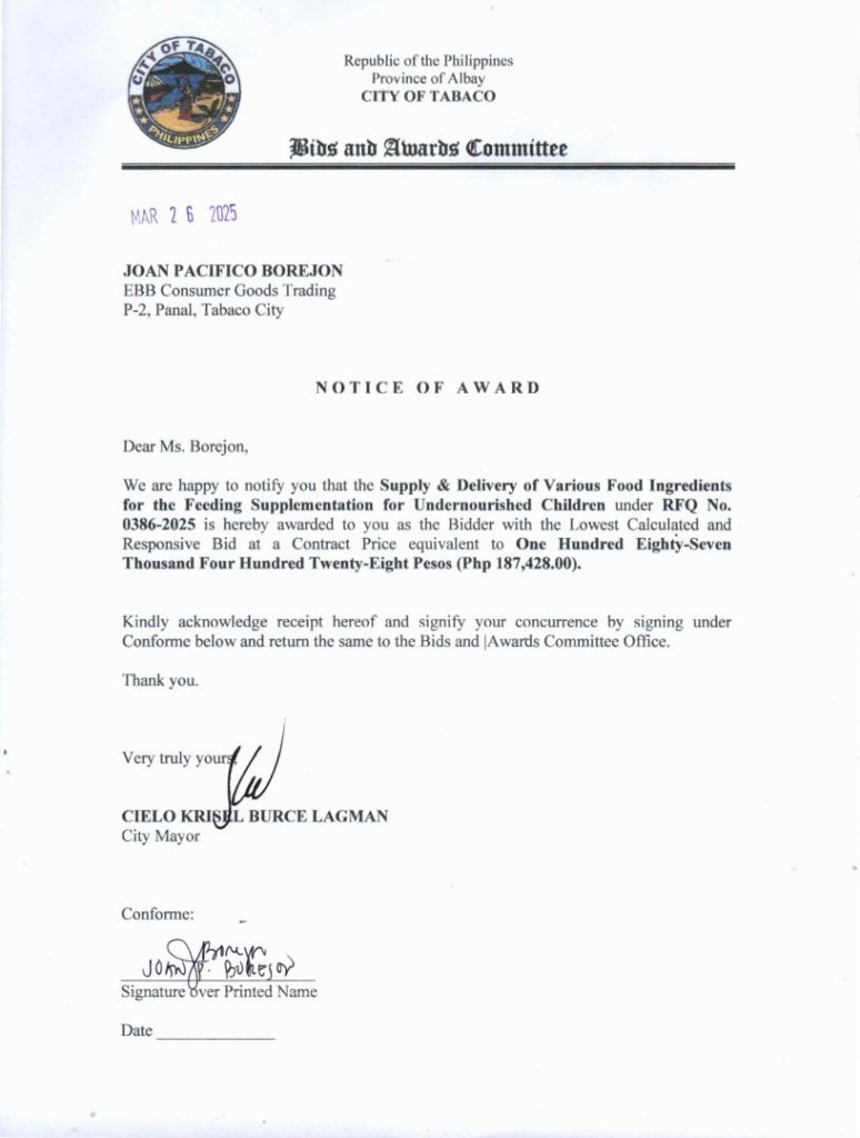 Notice of Award: Supply & Delivery of Various Ingredients for the Feeding Supplementation for Undernourished Children, PR No. 25-03-0425