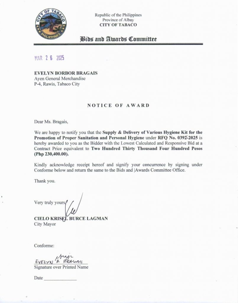 Notice of Award: Supply & Delivery of Various Hygiene Kit for the Promotion of Proper Sanitation & Personal Hygiene, PR No. 25-03-0431