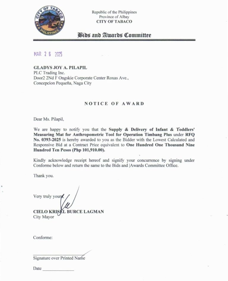 Notice of Award: Supply & Delivery of Infant & Toddlers Measuring Mat for Anthropometric Tool for Operation Timbang Plus, PR No. 25-03-0432