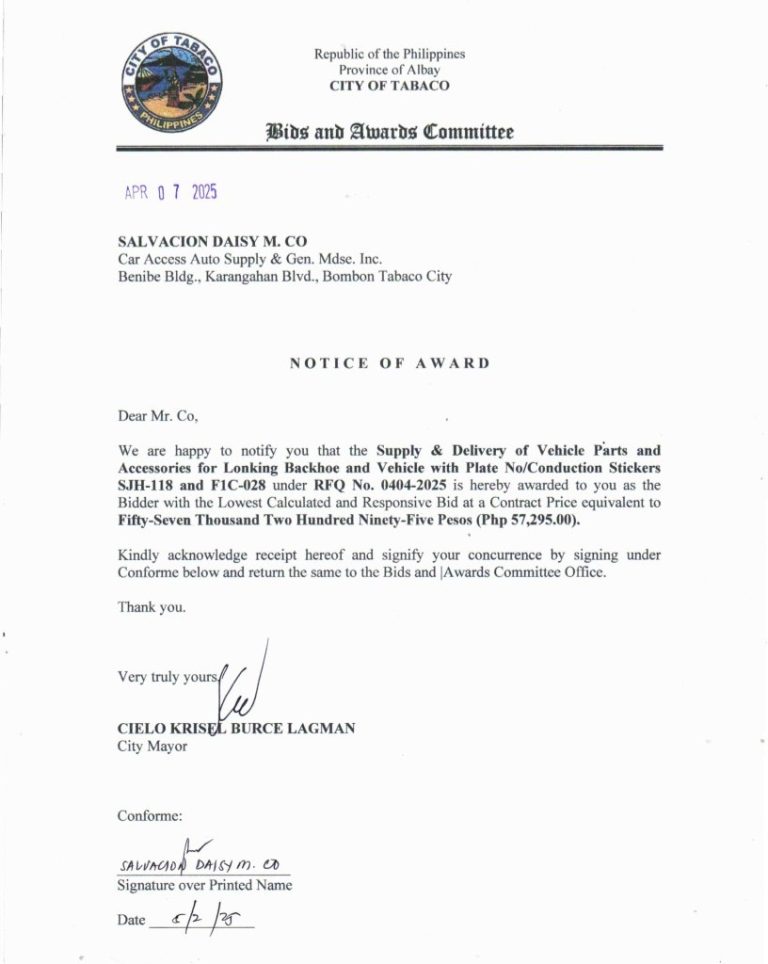 Notice of Award: Supply & Delivery of Vehicle Parts & Accessories for Lonking Backhoe & Vehicle with Plate No/Conduction Stickers SJH-118 & F1C-028, PR No. 25-03-0446