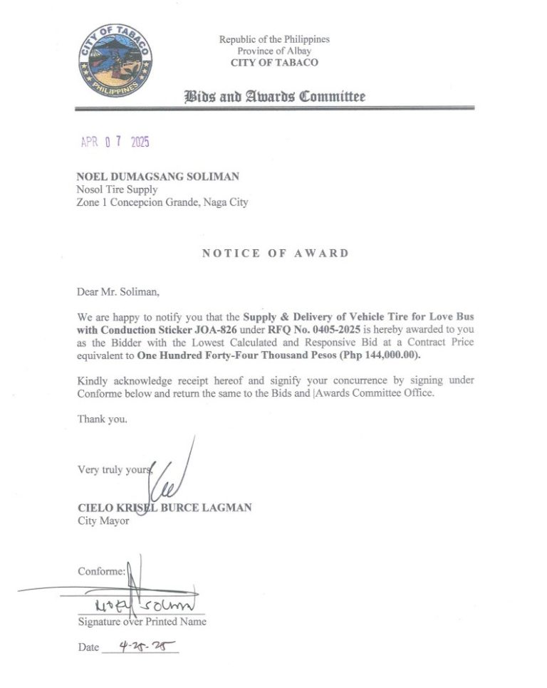 Notice of Award: Supply & Delivery of Vehicle Tire for Love Bus with Conduction Sticker JOA-826, PR No. 25-03-0447