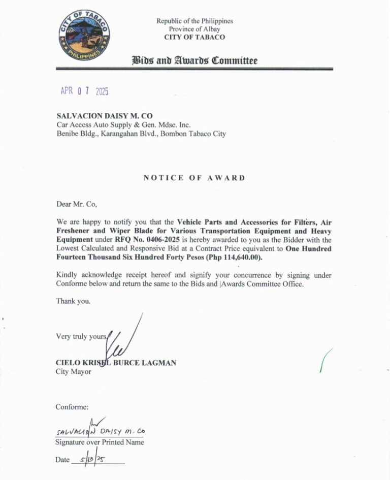 Notice of Award: Vehicle Parts & Accessories for Filters, Air Freshener & Wiper Blade for Various Transportation Equipment & Heavy Equipment, PR No. 25-03-0448