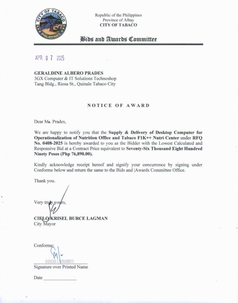 Notice of Award: Supply & Delivery of Desktop Computer for Operationalization of Nutrition Office & Tabaco F1K++ Nutri Center, PR No. 25-03-0450