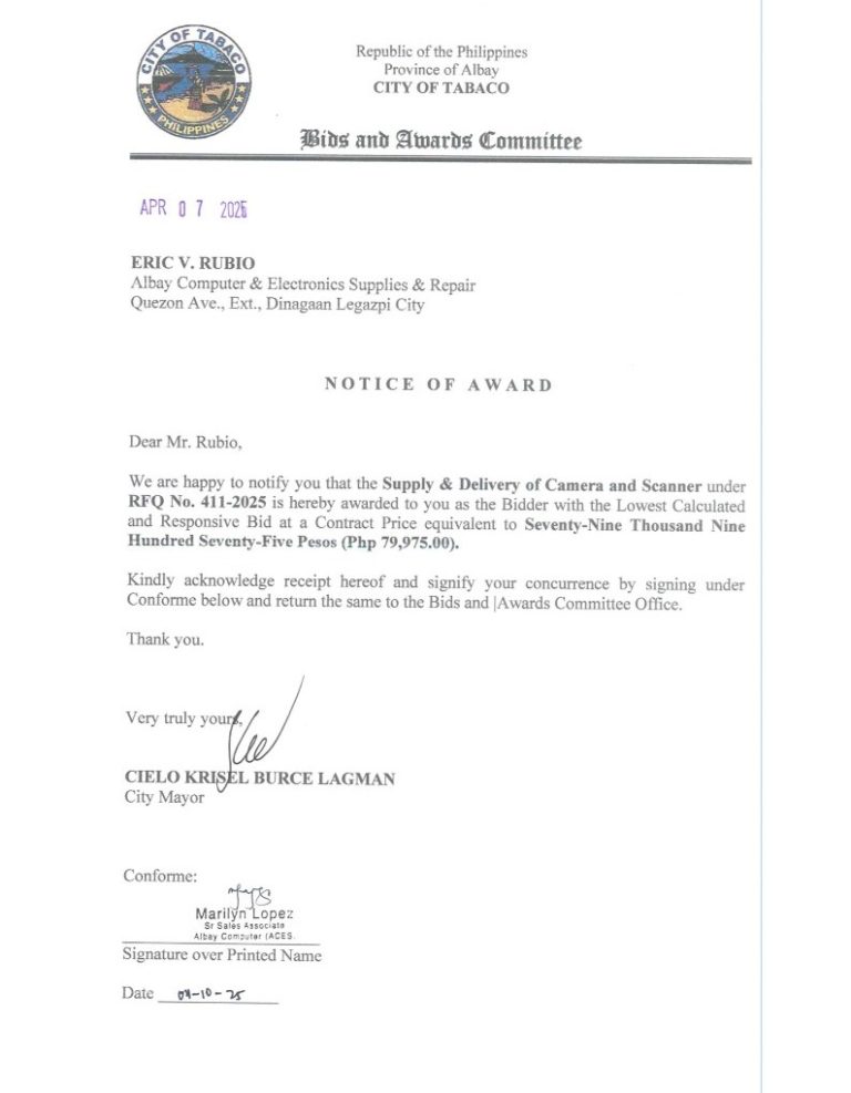 Notice of Award: Supply & Delivery of Camera and Scanner, PR No. 25-03-0453