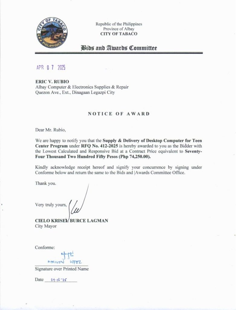 Notice of Award: Supply & Delivery of Desktop Computer for Teen Center Program, PR No. 25-03-0454