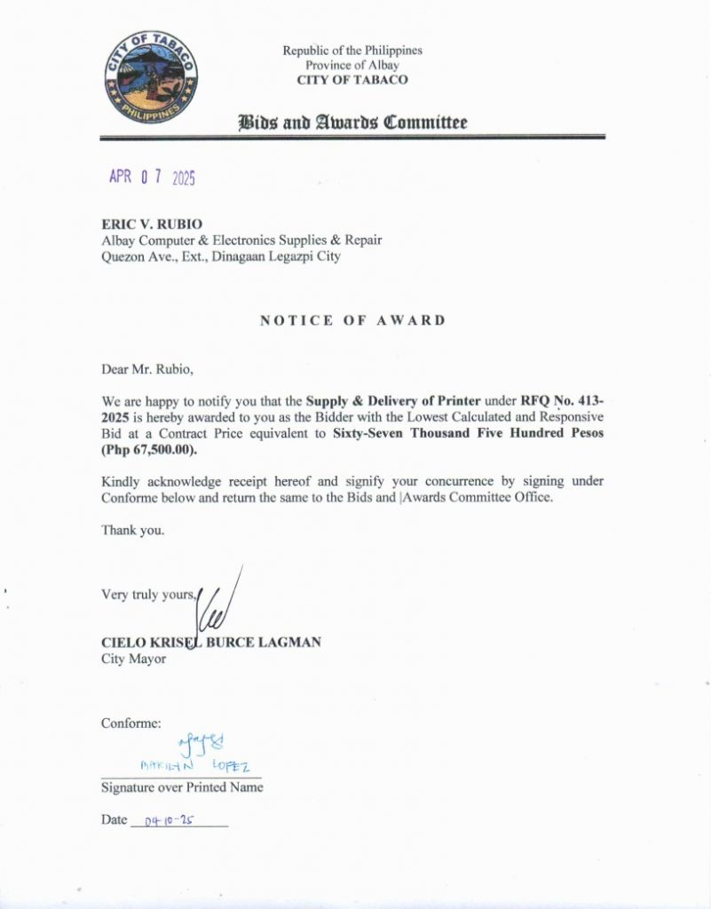 Notice of Award: Supply & Delivery of Printer, PR No. 25-03-0455 & 0456