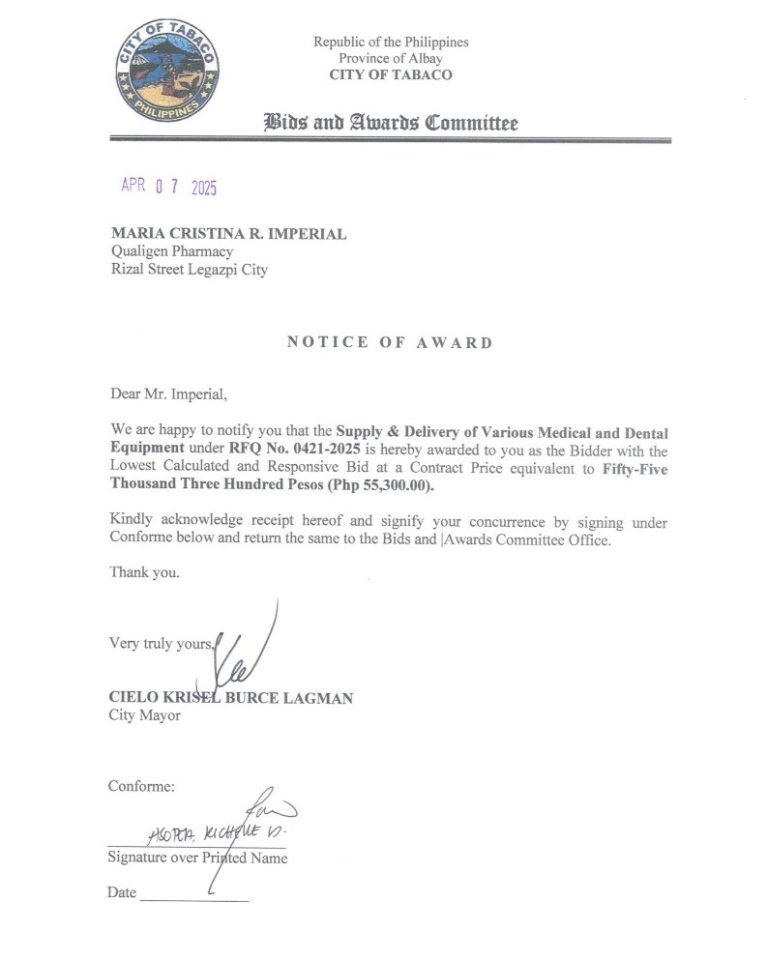 Notice of Award: Supply & Delivery of Various Medical & Dental Equipment, PR No. 25-03-0474