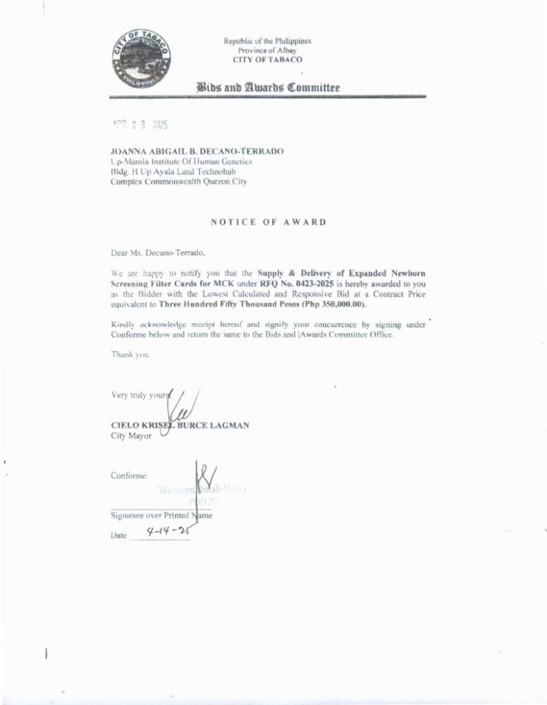 Notice of Award: Supply & Delivery of Expanded Newborn Screening Filter Cards for MCK, PR No. 25-03-0476
