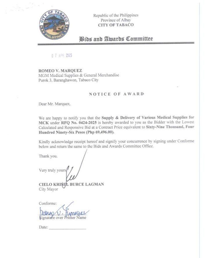 Notice of Award: Supply & Delivery of Various Medical Supplies for MCK, PR No. 25-03-0477