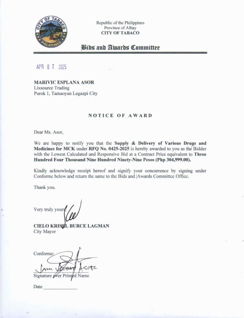 Notice of Award: Supply & Delivery of Various Drugs & Medicines for MCK, PR No. 25-03-0478