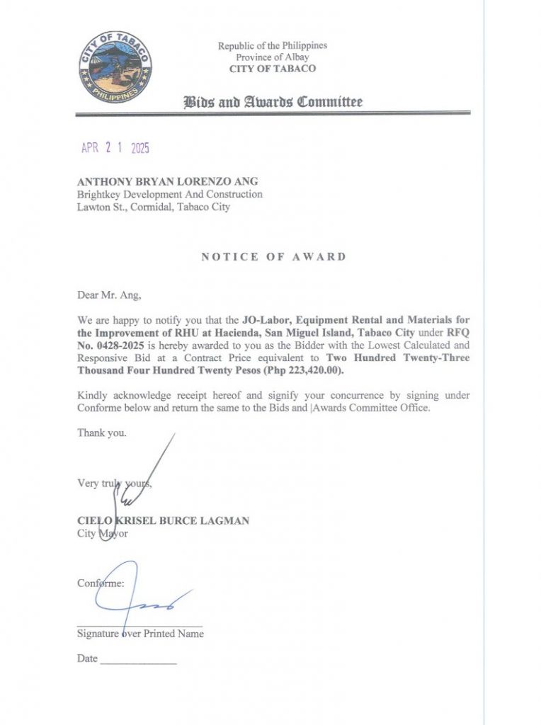 Notice of Award: JO-Labor, Equipment Rental and Materials for the Improvement of RHU at Hacienda, San Miguel Island, Tabaco City, PR No. 25-03-0481