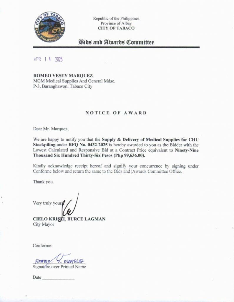 Notice of Award: Supply & Delivery of Medical Supplies for CHU Stockpiling, PR No. 25-03-0485
