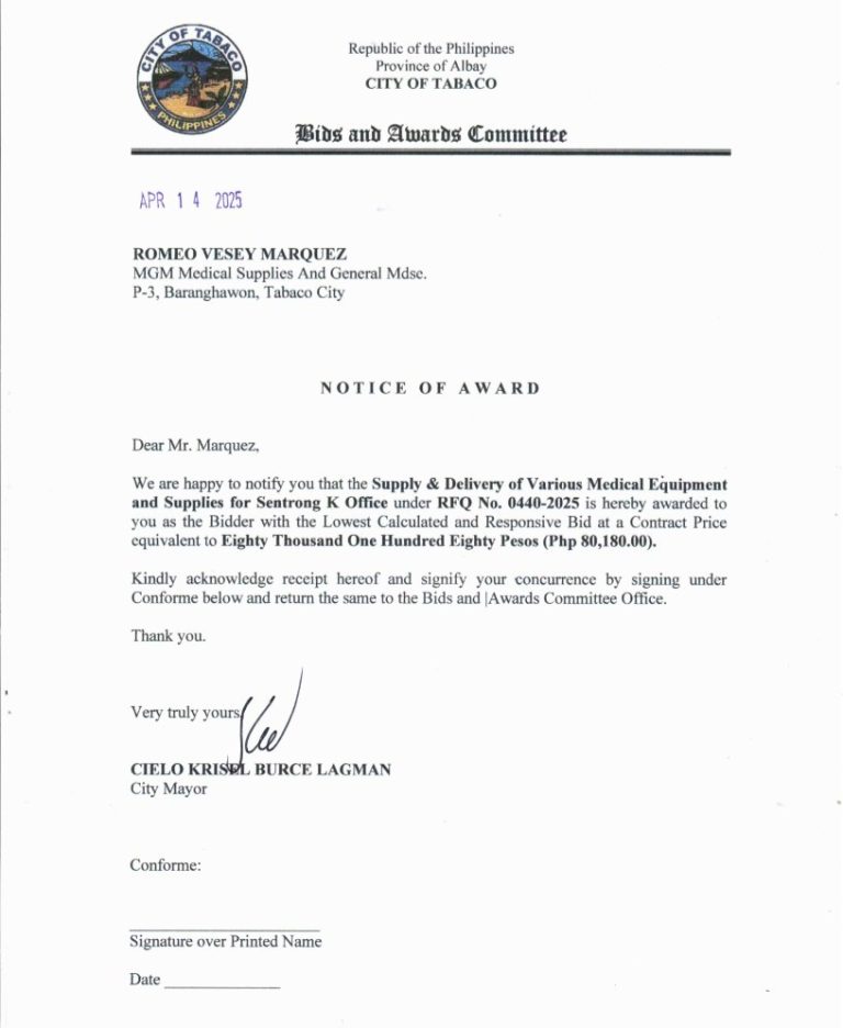 Notice of Award: Supply & Delivery of Various Medical Equipment & Supplies for Sentrong K Office, PR No. 25-03-0493