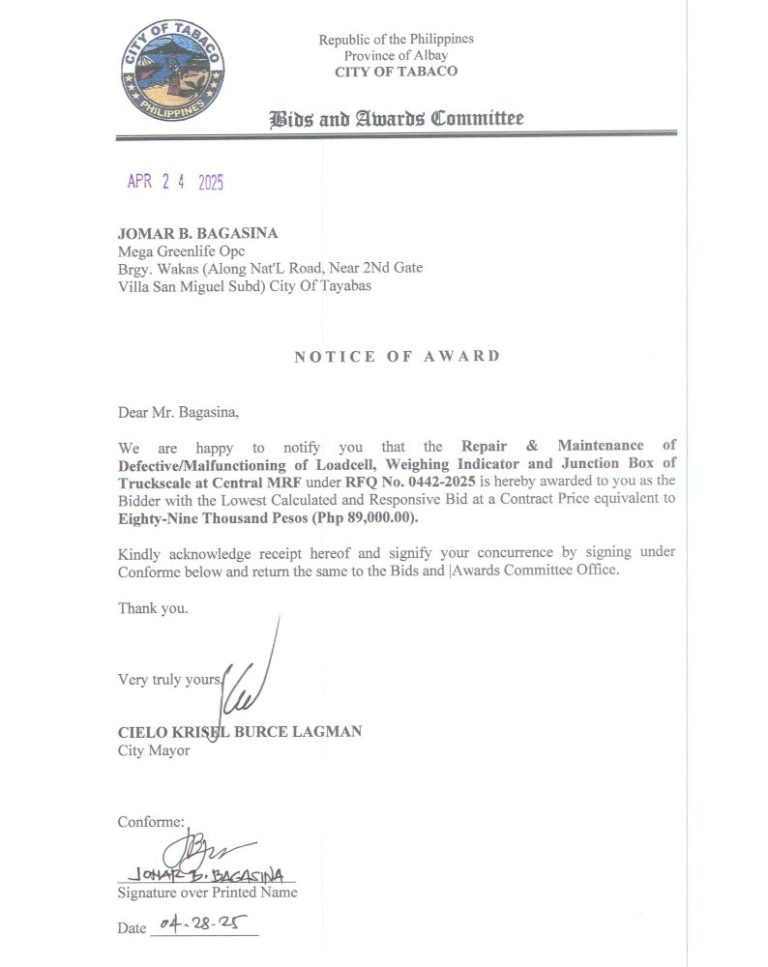 Notice of Award: Repair & Maintenance of Defective/Malfunctioning of Loadcell, Weighing Indicator & Junction Box of Truckscale at Central MRF, PR No. 25-04-0496