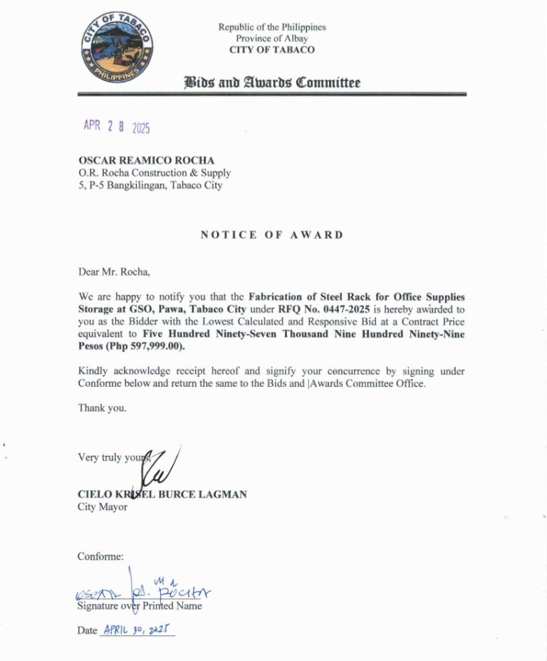 Notice of Award: Fabrication of Steel Rack for Office Supplies Storage at GSO, Pawa, Tabaco City, PR No. 25-04-0502