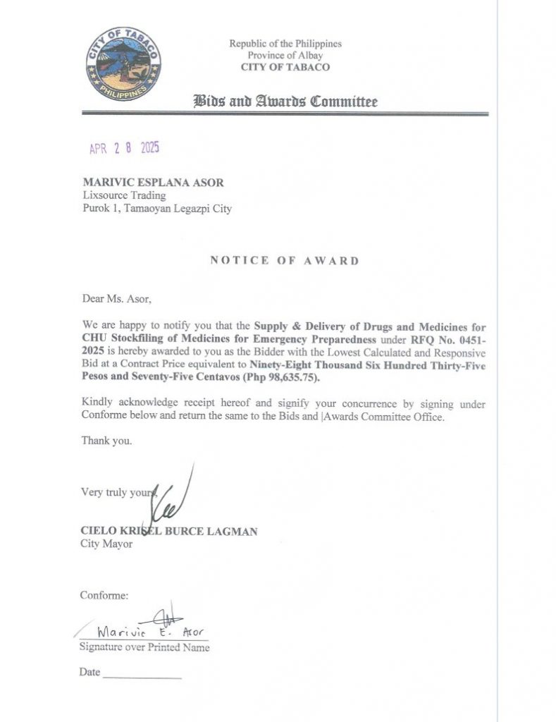 Notice of Award: Supply & Delivery of Drugs and Medicines for CHU Stockpiling of Medicines for Emergency Preparedness, PR No. 25-04-0506
