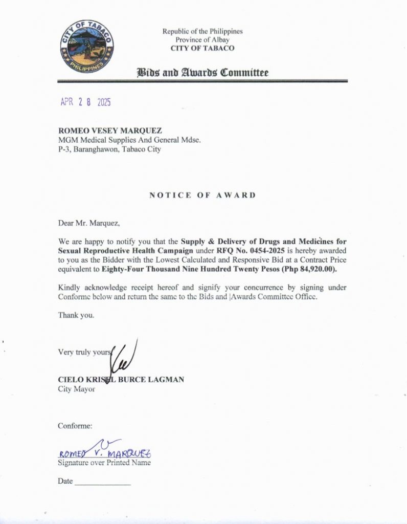 Notice of Award: Supply & Delivery of Drugs & Medicines for Sexual Reproductive Health Campaign, PR No. 25-04-0509