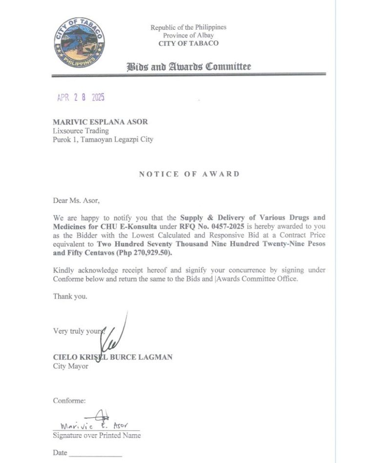 Notice of Award: Supply & Delivery of Various Drugs and Medicines for CHU E-Konsulta, PR No. 25-04-0512
