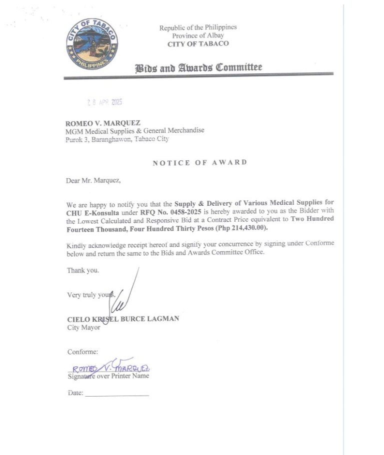 Notice of Award: Supply & Delivery of Various Medical Supplies for CHU E-Konsulta, PR No. 25-04-0513
