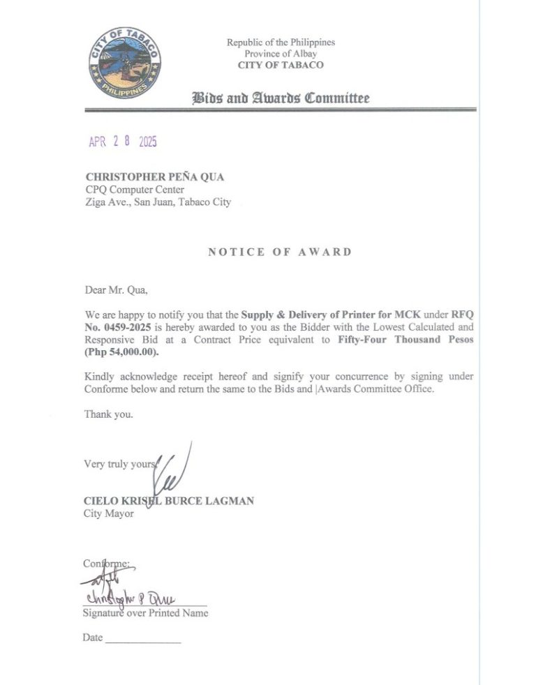 Notice of Award: Supply & Delivery of Printer for MCK, PR No. 25-04-0515