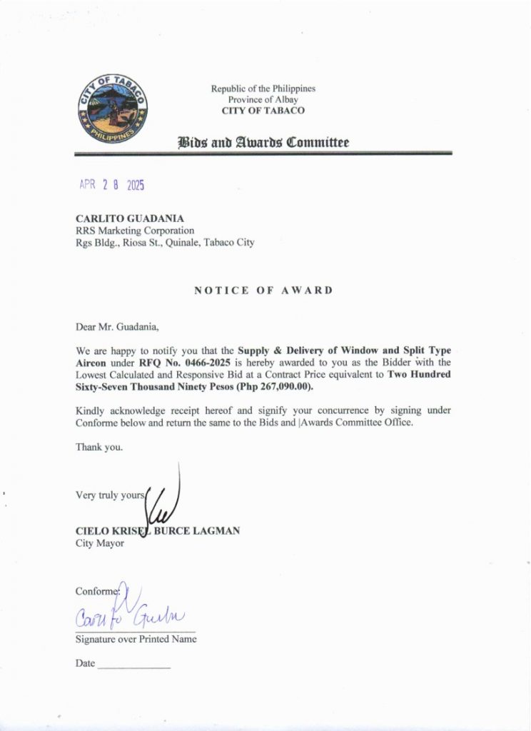 Notice of Award: Supply & Delivery of Window & Split Type Aircon, PR No. 25-04-0526