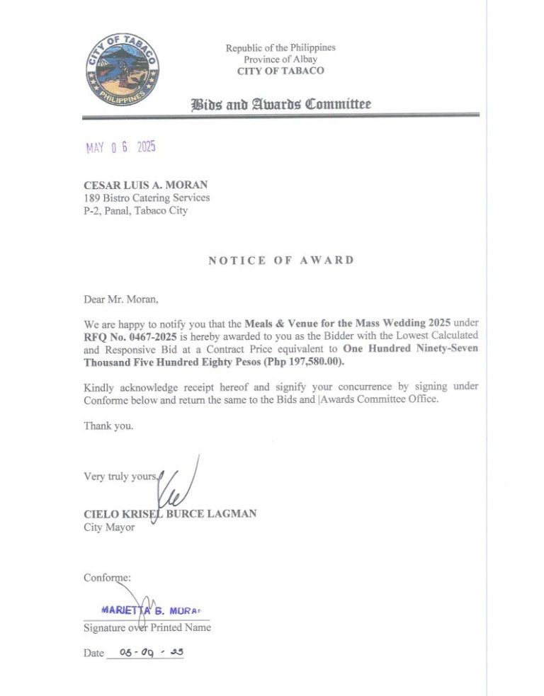 Notice of Award: Meals & Venue for the Mass Wedding 2025, PR No. 25-04-0531