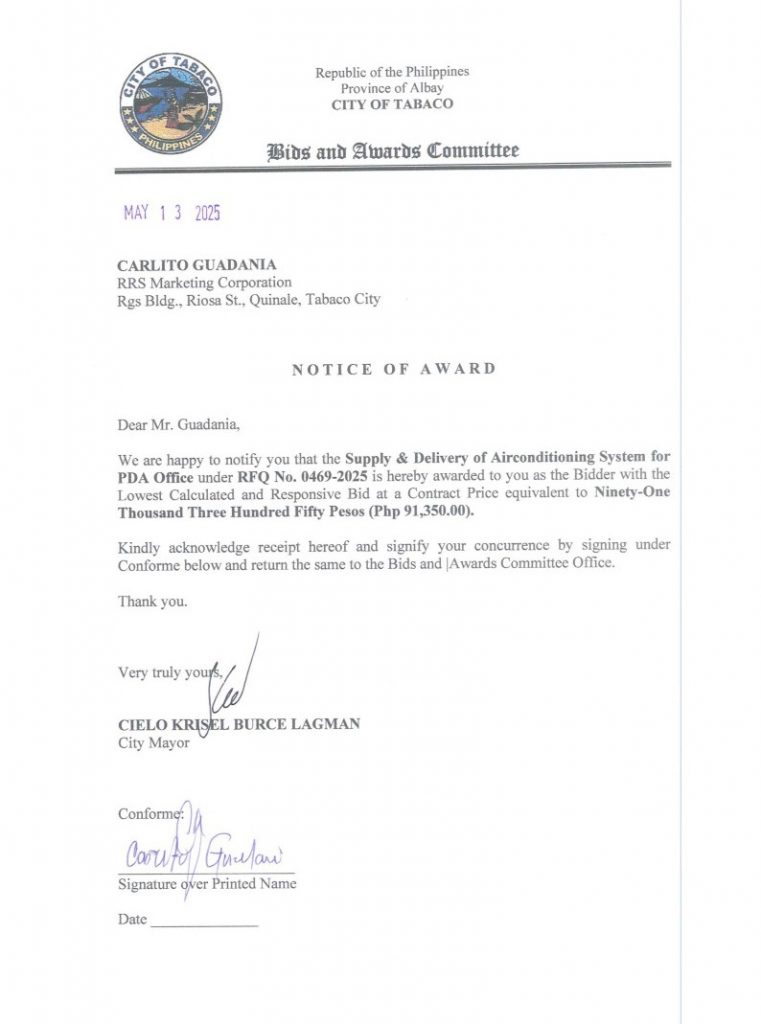 Notice of Award: Supply & Delivery of Air Conditioning System for PDA Office, PR No. 25-04-0533