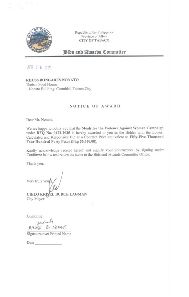 Notice of Award: Meals for the Violence Against Women Campaign, PR No. 25-04-0536