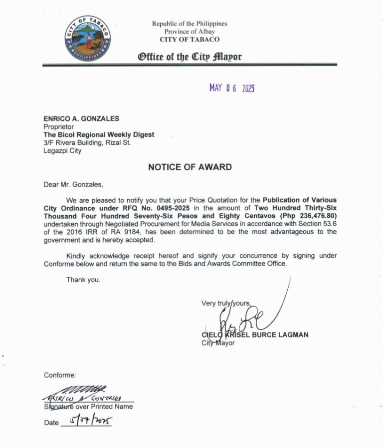 Notice of Award: Publication of Various City Ordinance, PR No. 25-04-0554