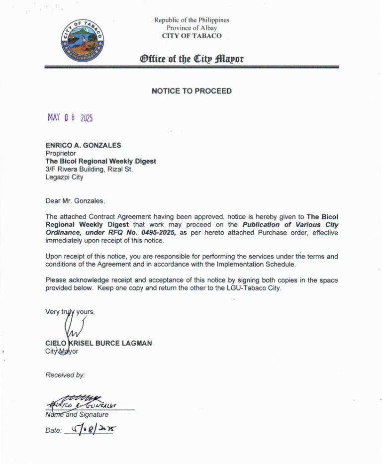 Notice to Proceed: Publication of Various City Ordinance, PR No. 25-04-0554